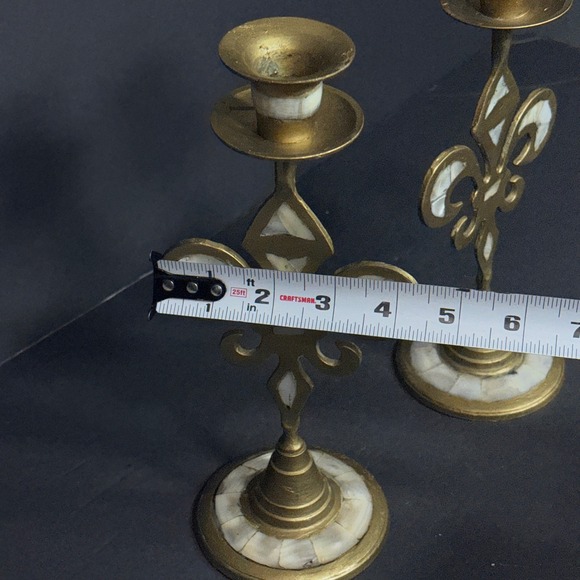 Vtg Brass Fleur de Lis Candlestick Holders Mother of Pearl Inlay Pair 9.5in - Picture 4 of 16